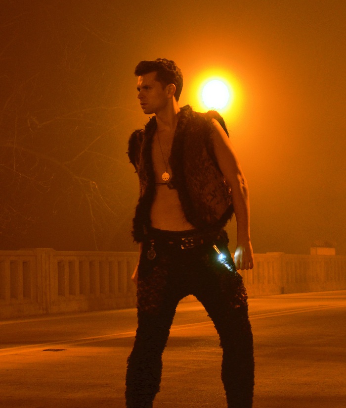 GSb men's Couture steampunk hand knit utility belt, fur and velvet vest, and faux mongolian lamb knit stretch pants.