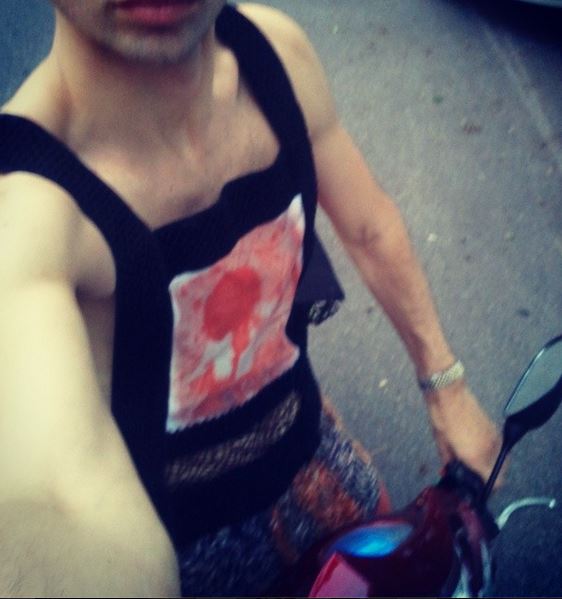 Street Style on my Electric Bicycle, with my friend Cristy's Art Bear on solar printed and developed on the eco-couture tank.