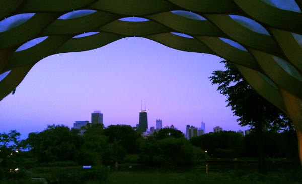 south pond pavilion and cityscape chicago