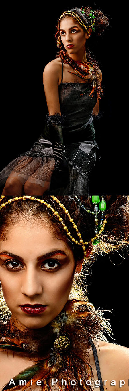 j-na couture head piece and cocktail dress with feather jewelry.