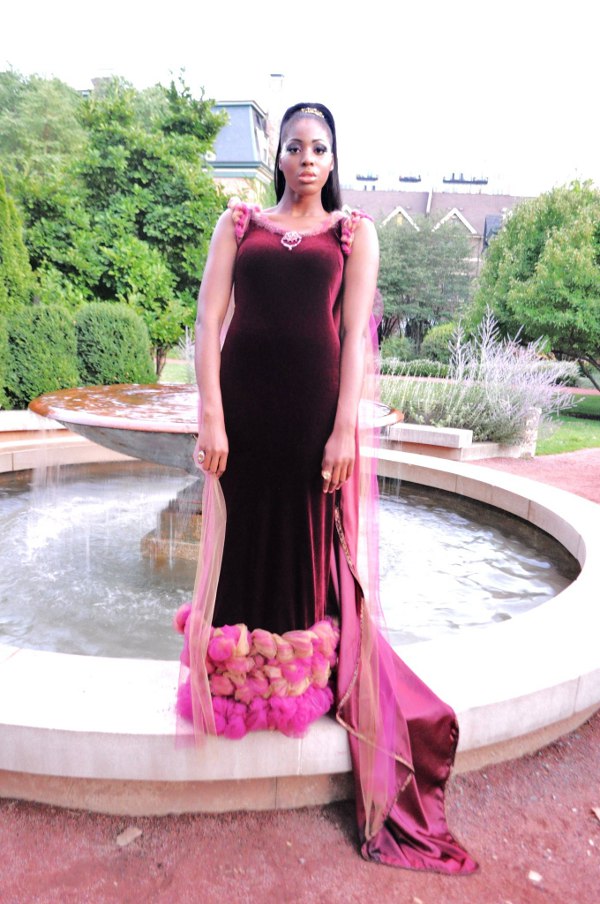 j-na plus size gown and styling secrets for slim tall look in velvet couture dress.