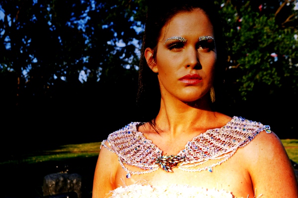 Plus size styling tip #2: Add shouplder interest to bring the eye upward. j-na couture Swarovski mini-wrap.